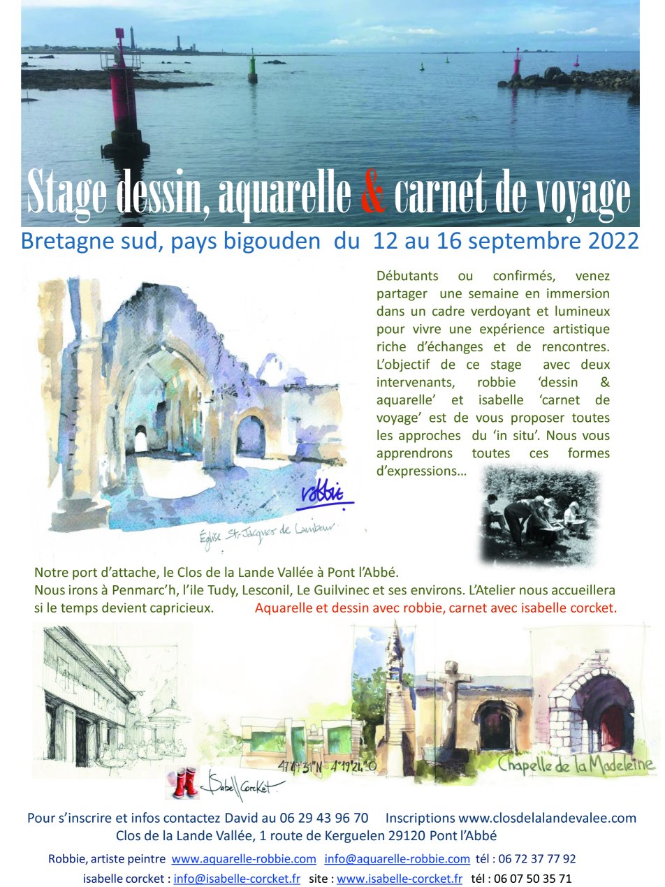 Stage dessin aquarelle et carnet de voyage en bretagne diu 12 au 16 septembre 2022