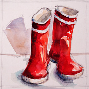 Aquarelliste Isabelle Corcket, les bottes rouges